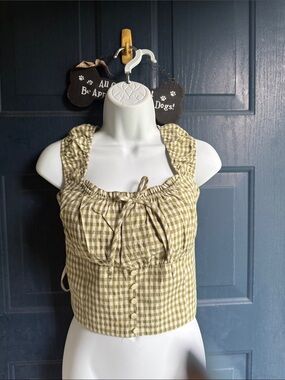 Gingham Ruffle Strap Tie-Front Crop Top - Olive